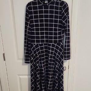 Blue and White Long Sleeve A-line Dress with Mandarin Collar